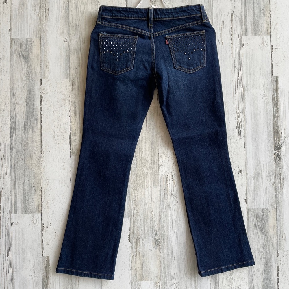 Levi’s jeans boot cut Size 29 dark blue back crystal pockets cowgirl Texas EUC